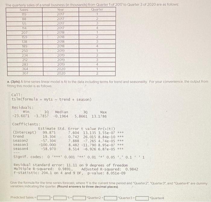 Solved a. (3pts) A time series linear model is fit to the | Chegg.com