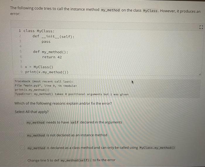 Solved The following code tries to call the instance method | Chegg.com