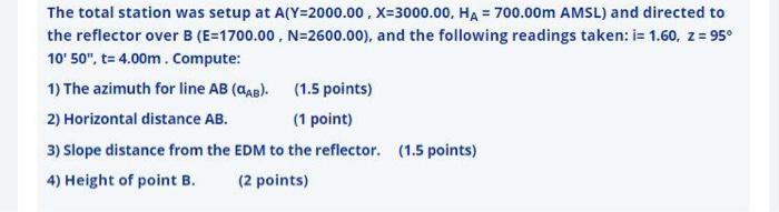 Solved The total station was setup at A(Y=2000.00 , | Chegg.com