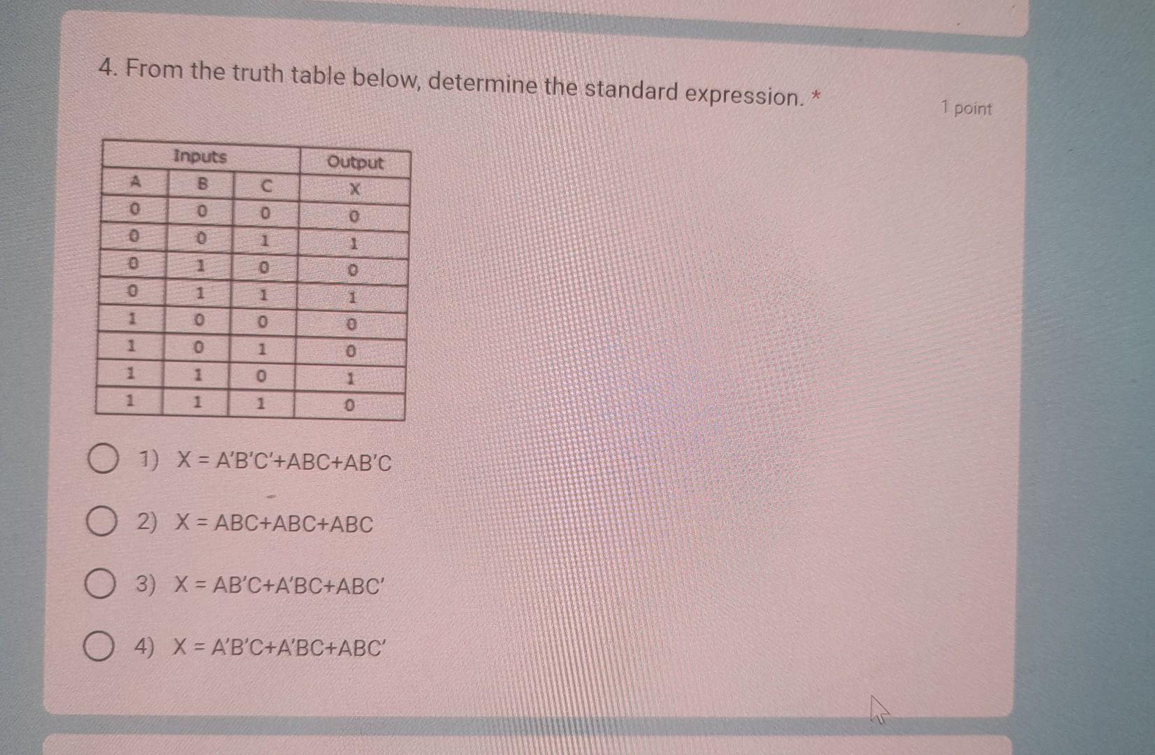 Solved 4. From the truth table below, determine the standard | Chegg.com