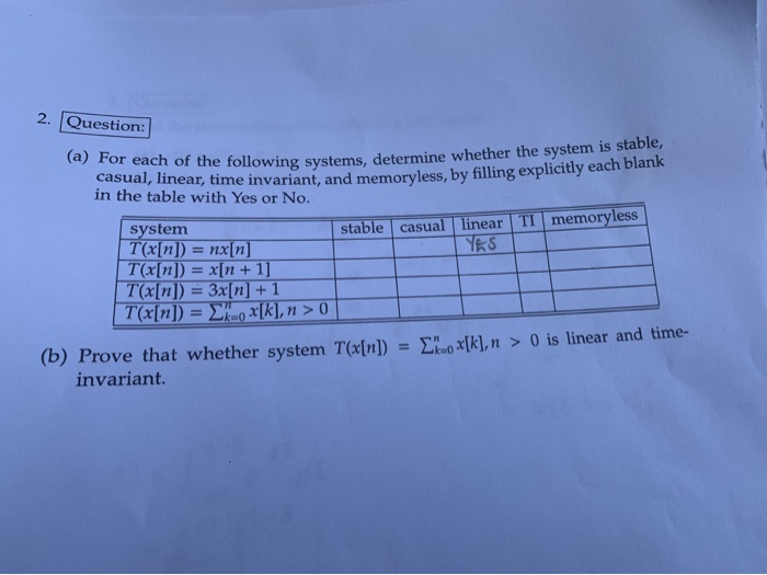 Solved 2. Question: g systems, determine whether the system | Chegg.com