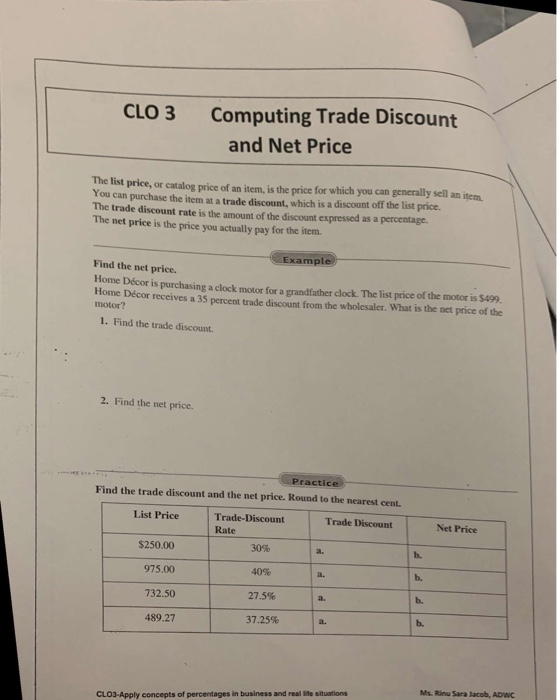 Solved Clo 3 Computing Trade Discount And Net Price The L