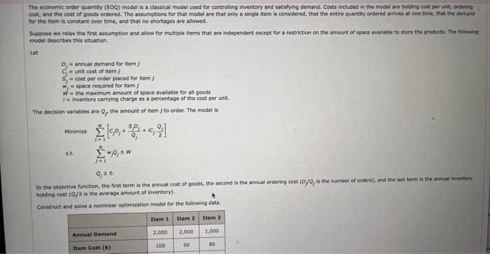 Solved The economic order quantity (EOQ) model is a | Chegg.com