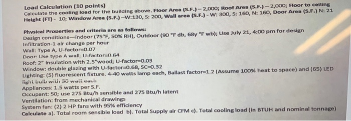 Load Calculation 10 Points Calculate The Cooling Chegg Com