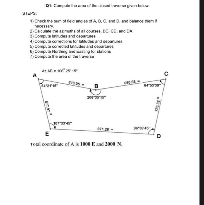 Solved Q1: Compute the area of the closed traverse given | Chegg.com