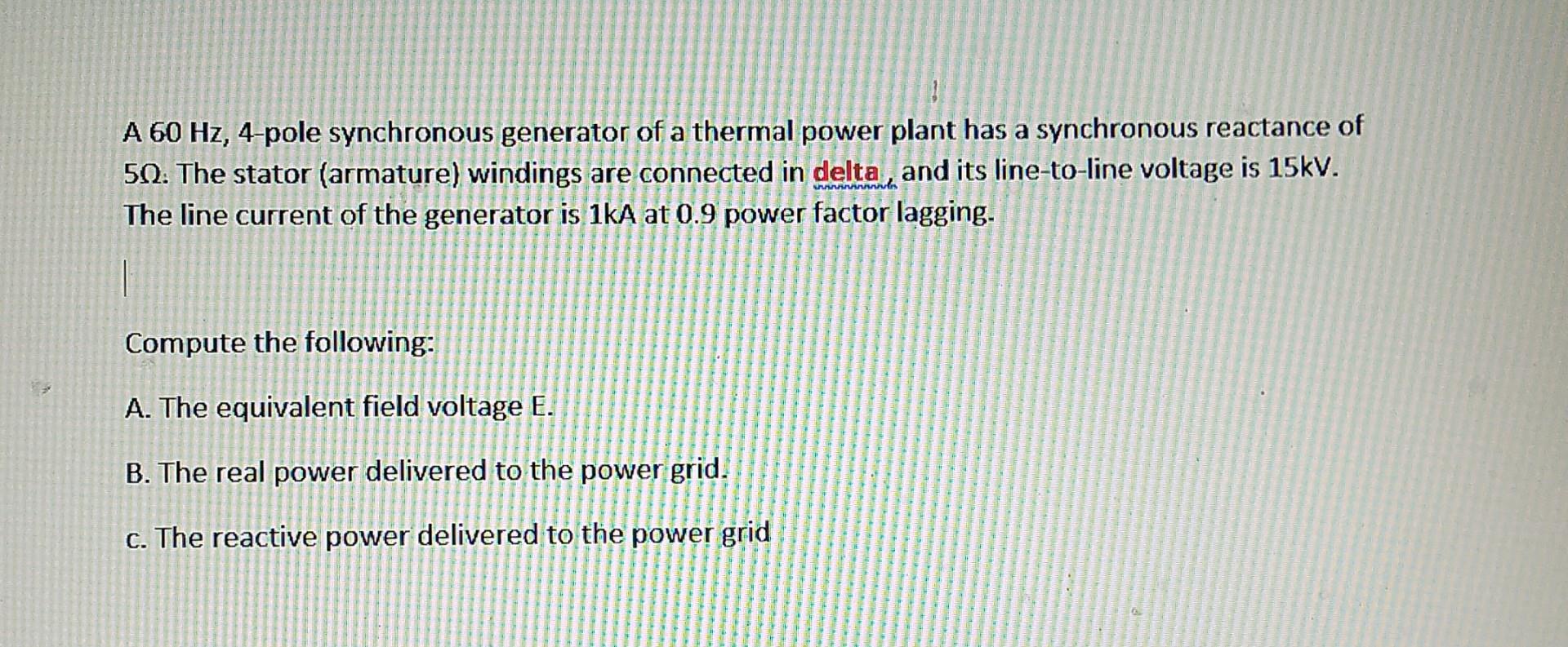 Solved A 60 Hz, 4-pole synchronous generator of a thermal | Chegg.com