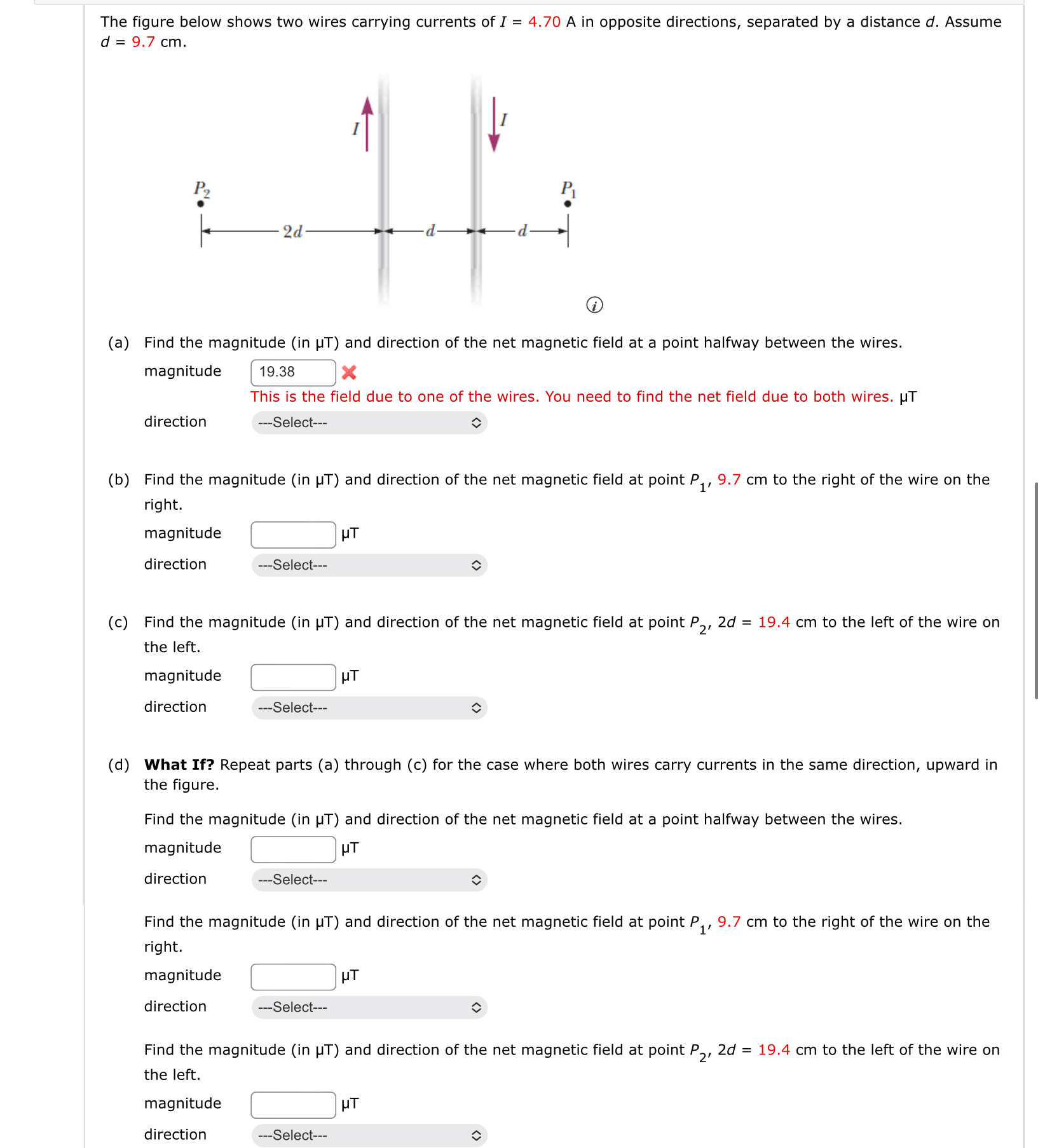 Solved The figure below shows two wires carrying currents of | Chegg.com