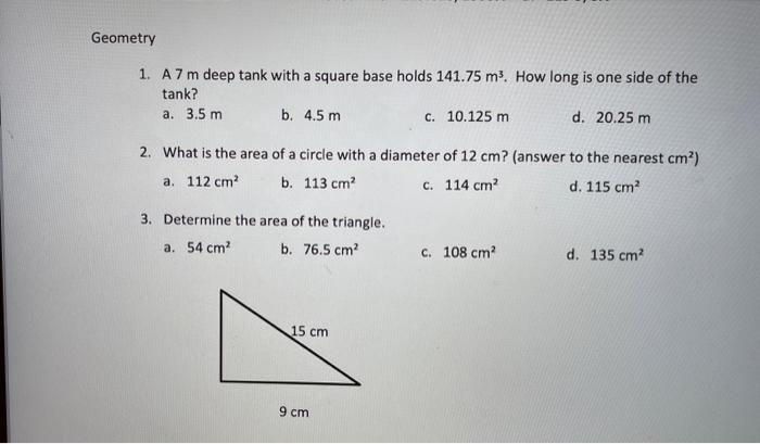 Solved Geometry 1. A 7 m deep tank with a square base holds | Chegg.com