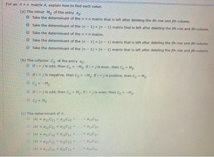 Solved For an nxn matrix A, explain how to find each value. | Chegg.com