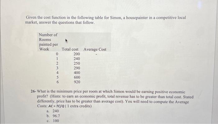 Solved Given the cost function in the following table for | Chegg.com