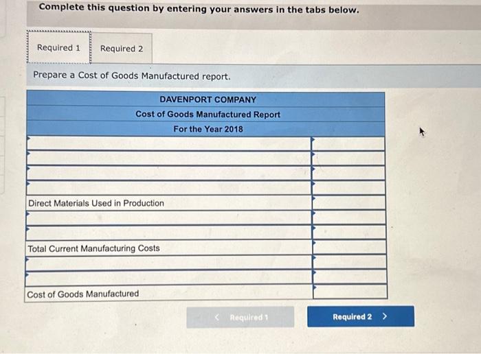 Solved Manufacturing costs for Davenport Company during 2018