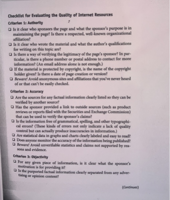Checklist for Evaluating the Quality of Internet | Chegg.com