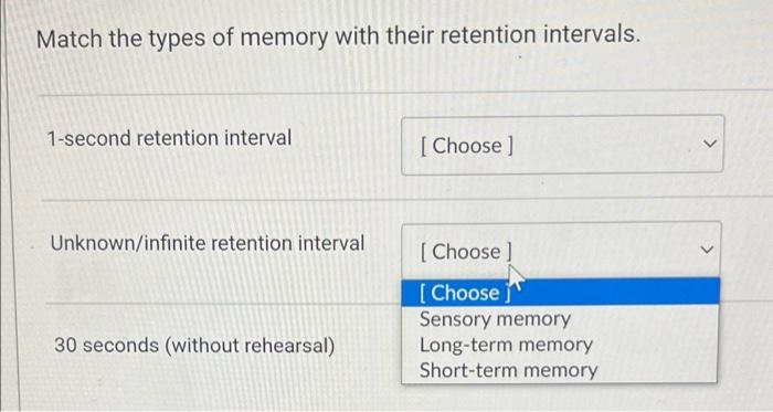 Solved Match the types of memory with their retention | Chegg.com