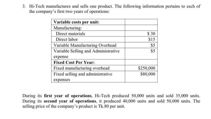 Solved 3. Hi-Tech manufactures and sells one product. The | Chegg.com