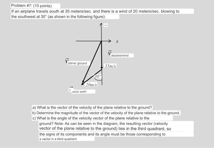 If an airplane travels south at 35 meters/sec. and there is a wind of 20 meters/sec. blowing to the southwest at \( 30^{\circ