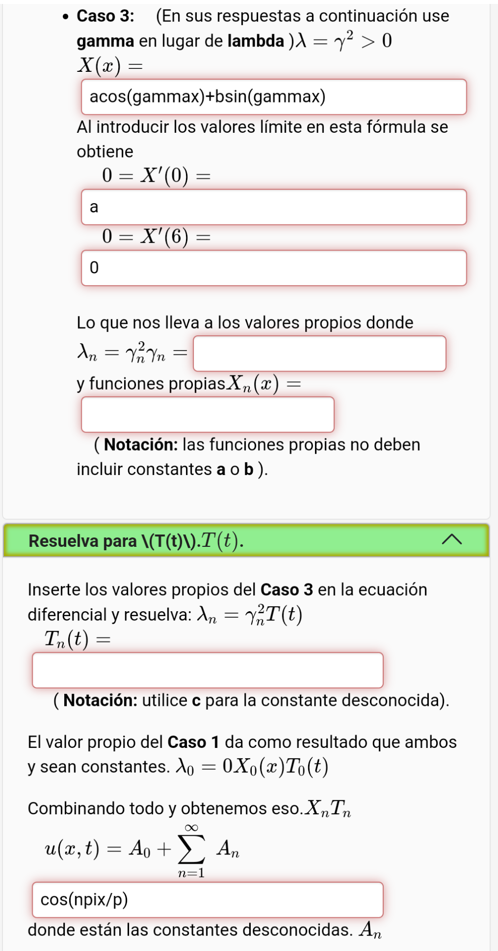 \[ \begin{array}{l} \text { gamma en lugar de lambda }) \lambda=\gamma^{2}>0 \\ X(x)= \end{array} \] Al introducir los valor