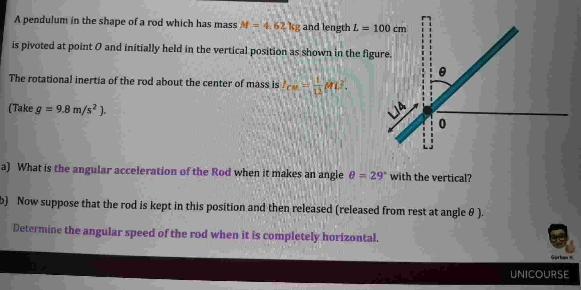 Solved A pendulum in ﻿the shape of ﻿a rod which has mass | Chegg.com