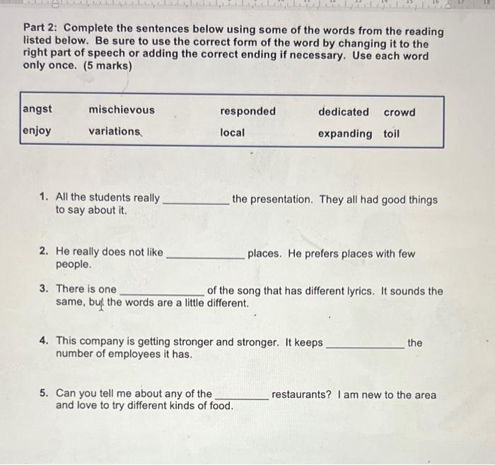 Part 2: Complete The Sentences Below Using Some Of | Chegg.com