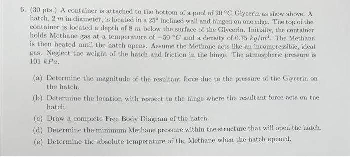 6. (30 pts.) A container is attached to the bottom of a pool of \( 20^{\circ} \mathrm{C} \) Glycerin as show above, A hatch, 