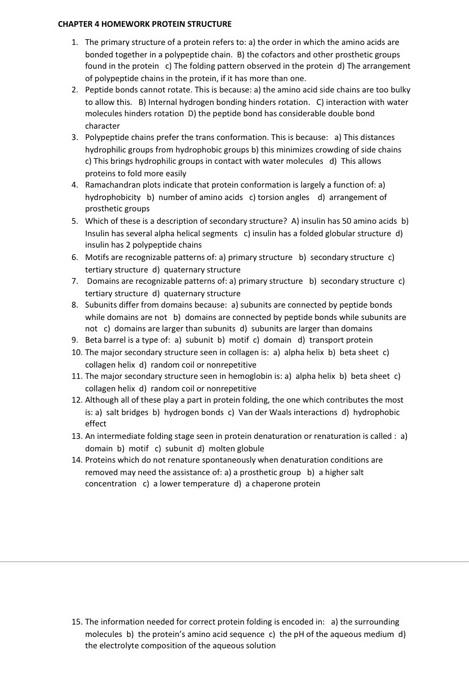 Solved CHAPTER 4 HOMEWORK PROTEIN STRUCTURE 1. The primary | Chegg.com