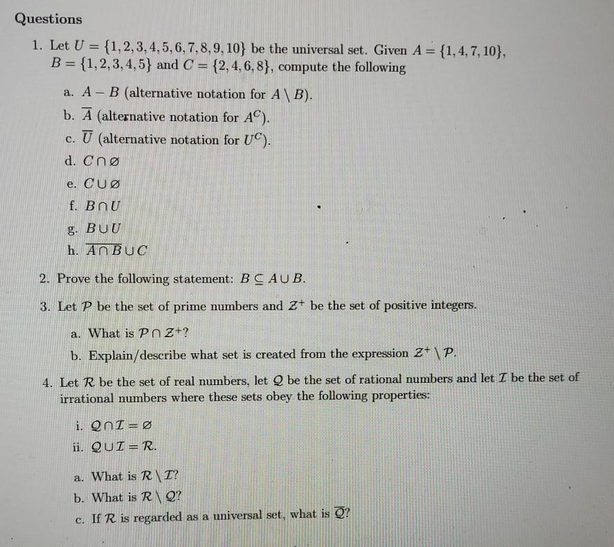 Solved Questions 1 Let U 1 2 3 4 5 6 7 8 9 10 Be The Chegg Com