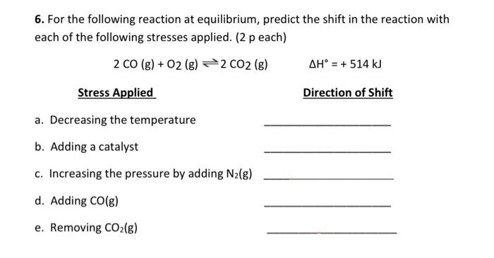 Solved 6. For the following reaction at equilibrium, predict | Chegg.com