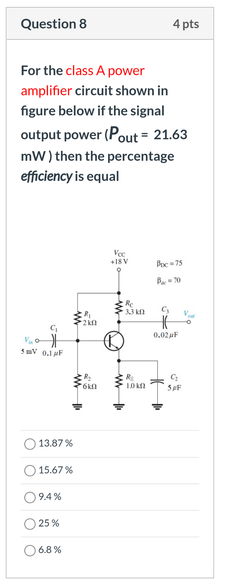 Solved Question 8 4 pts For the class A power amplifier | Chegg.com