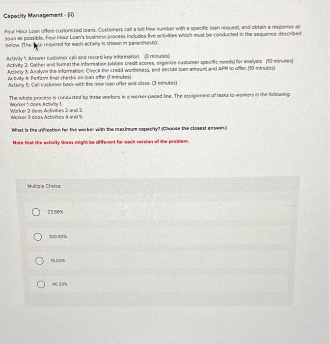 Solved Capacity Management (ii) Four Hour Loan offers