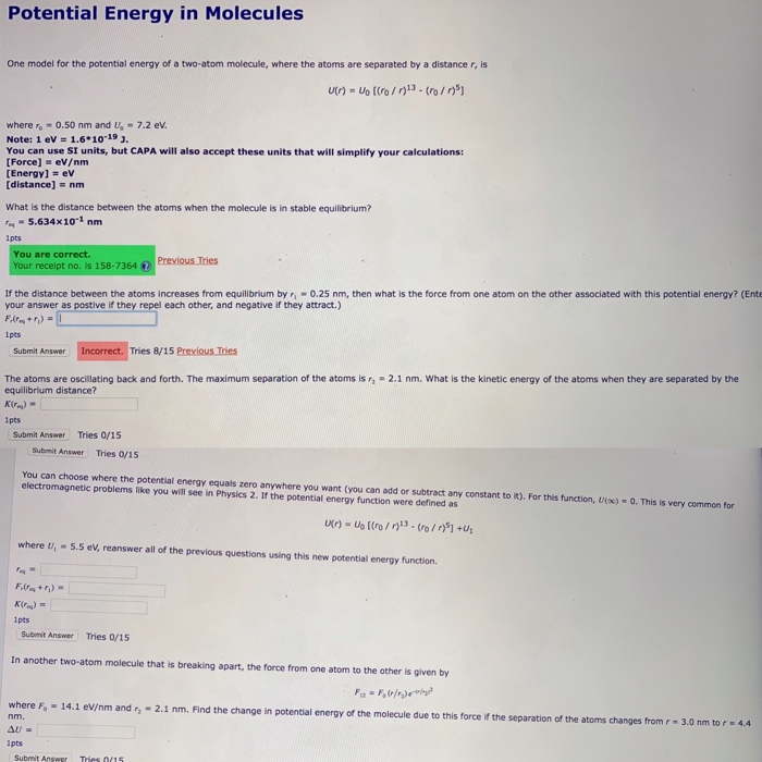 Solved Potential Energy in Molecules One model for the | Chegg.com