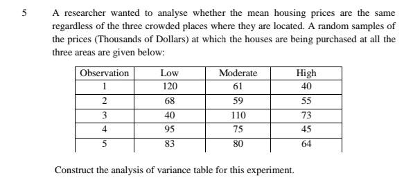 Solved 5 A researcher wanted to analyse whether the mean | Chegg.com