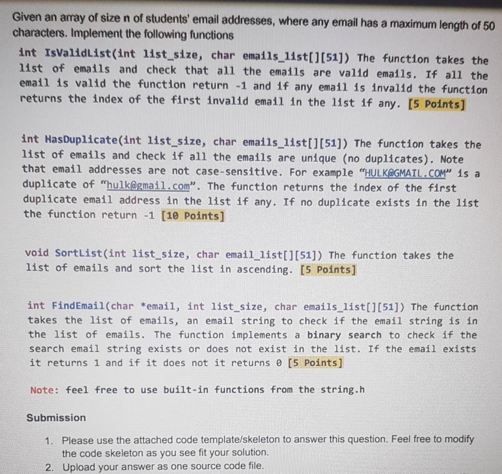 Given An Array Of Size N Of Students' Email | Chegg.Com