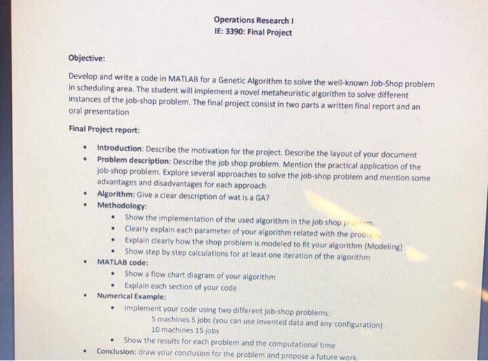 Operations Research Final Project Solved Operations Research TE: 3390: Final Project | Chegg.com