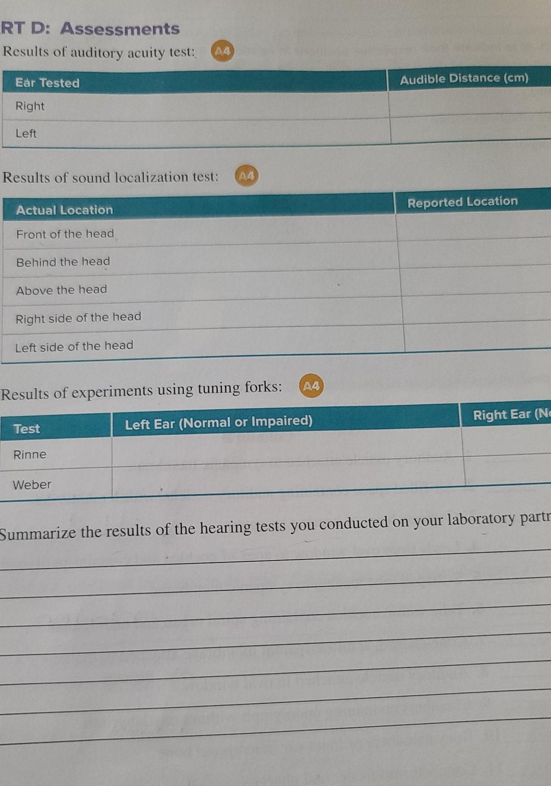 RT D: Assessments Results of auditory acuity test: A4 | Chegg.com