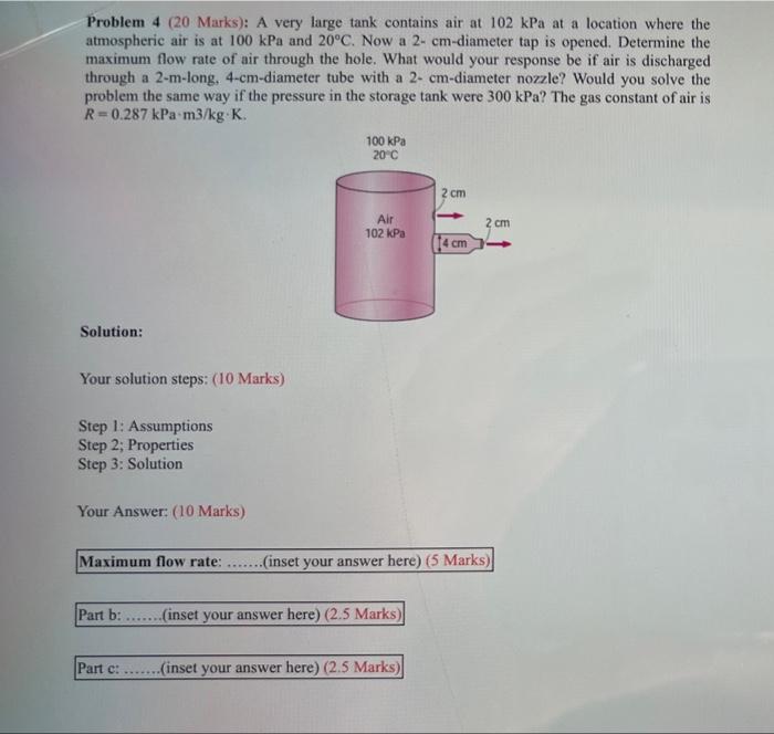 Solved Problem 4 (20 Marks): A Very Large Tank Contains Air | Chegg.com