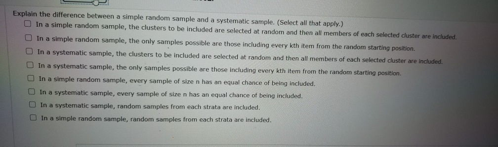 Solved Explain the difference between a simple random sample | Chegg.com