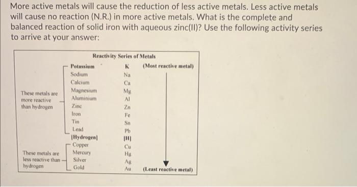 Solved More active metals will cause the reduction of less | Chegg.com