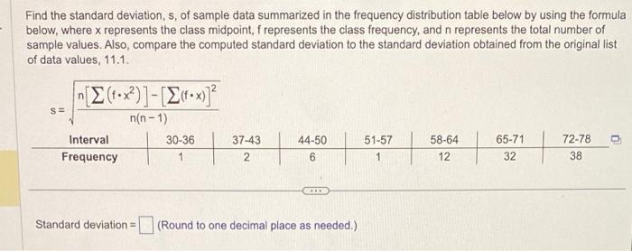 Solved Find the standard deviation, s, of sample data | Chegg.com