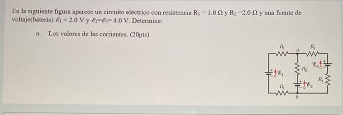 En la siguiente figura aparece un circuito eléctrico con resistencia \( R_{1}=1.0 \Omega \) y \( R_{2}=2.0 \Omega \) y una fu