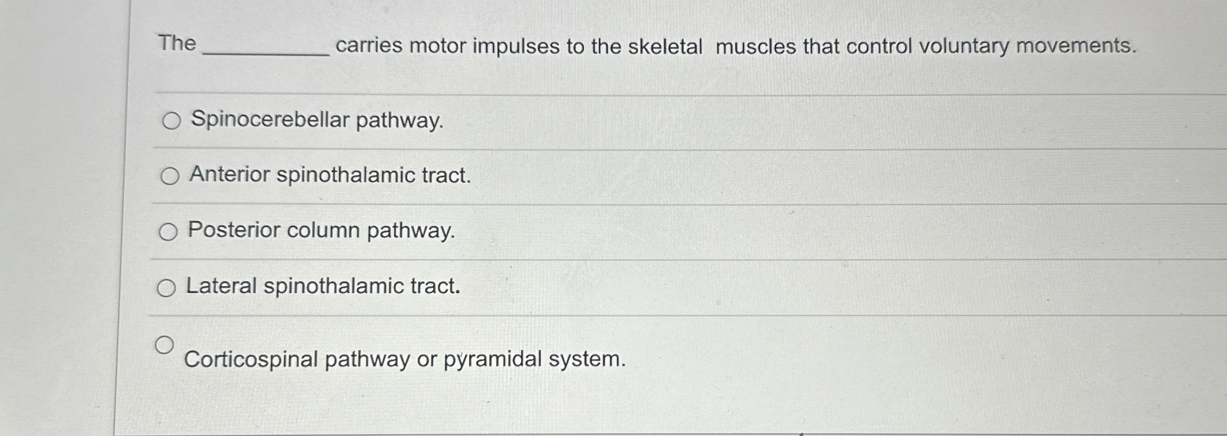 Solved The ﻿carries motor impulses to the skeletal muscles | Chegg.com