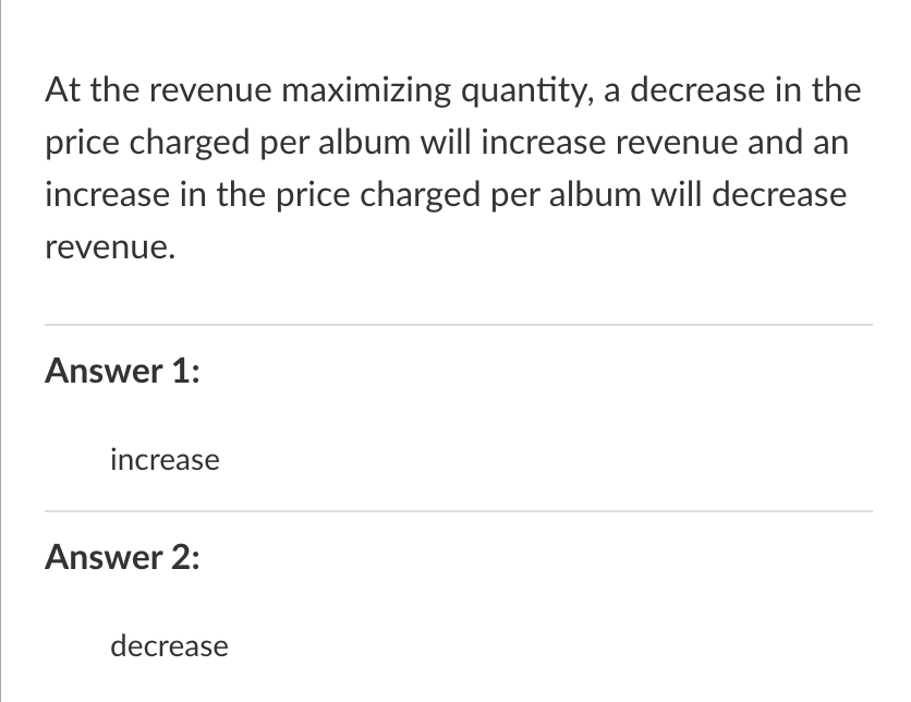 Solved At the revenue maximizing quantity, a decrease in | Chegg.com
