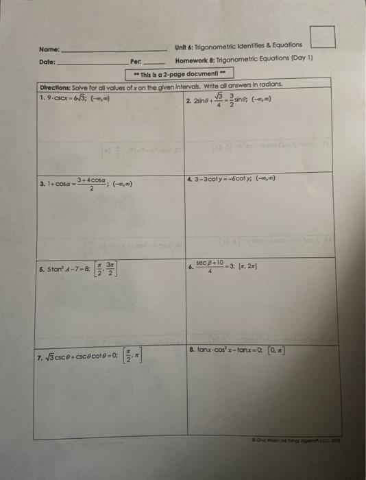 Solved Name: Unit 6: Trigonometric Identities & Equations | Chegg.com