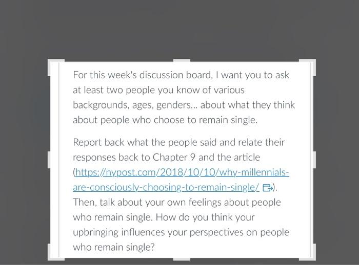 Solved For this week's discussion board, I want you to ask | Chegg.com