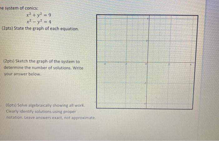 Solved ne system of conics: x2 + y2 = 9 x2 - y2 = 4 (2 pts) | Chegg.com