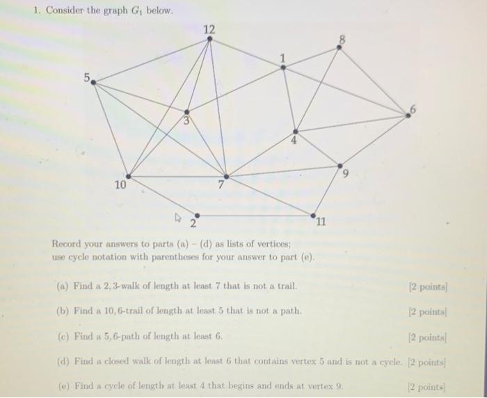 Solved 1. Consider The Graph G1 Below. Record Your Answers | Chegg.com