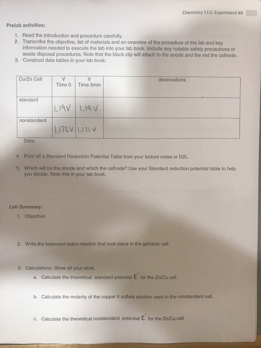 Solved Chemistry 111 Experiment 8 Prelab Activities 1 Road Chegg