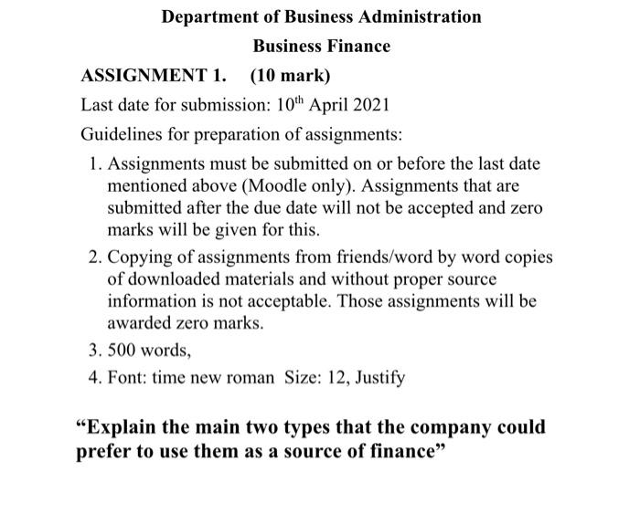 Solved Department of Business Administration Business | Chegg.com