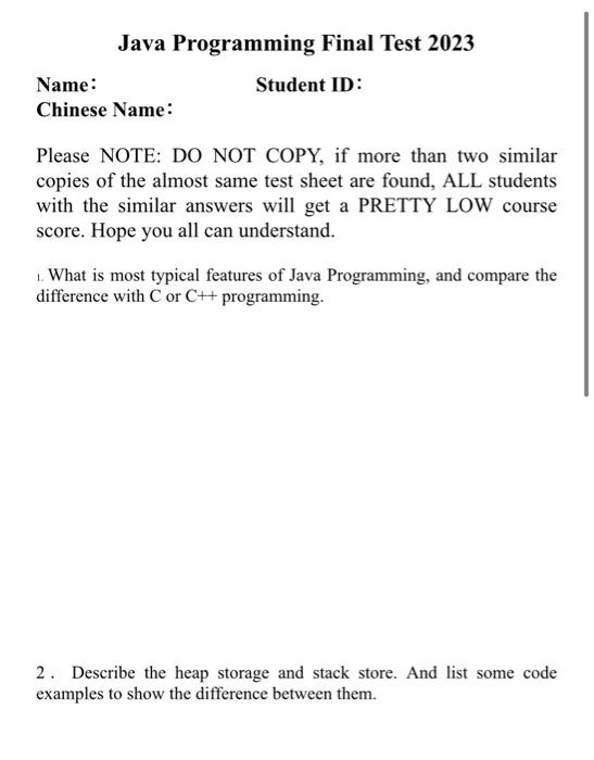 Solved Java Programming Final Test 2023 Name: Student ID: | Chegg.com