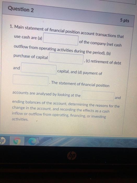 Solved Question 2 5 pts 1. Main statement of financial | Chegg.com