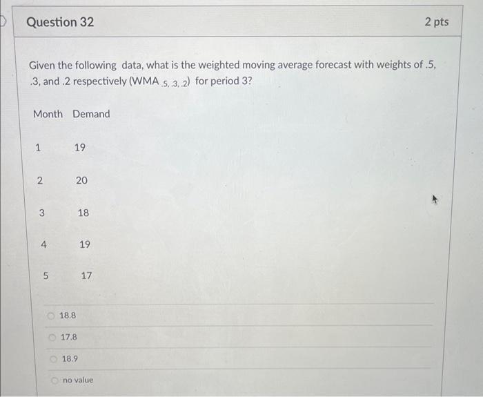 Solved Given the following data, what is the weighted moving | Chegg.com