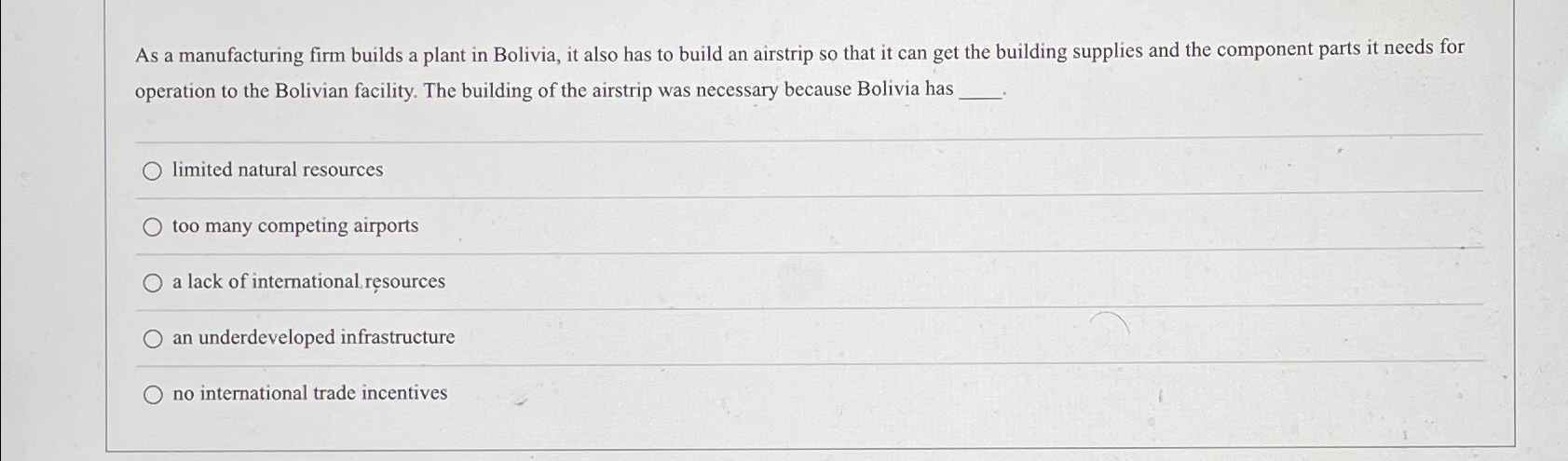 Solved As a manufacturing firm builds a plant in Bolivia, it | Chegg.com